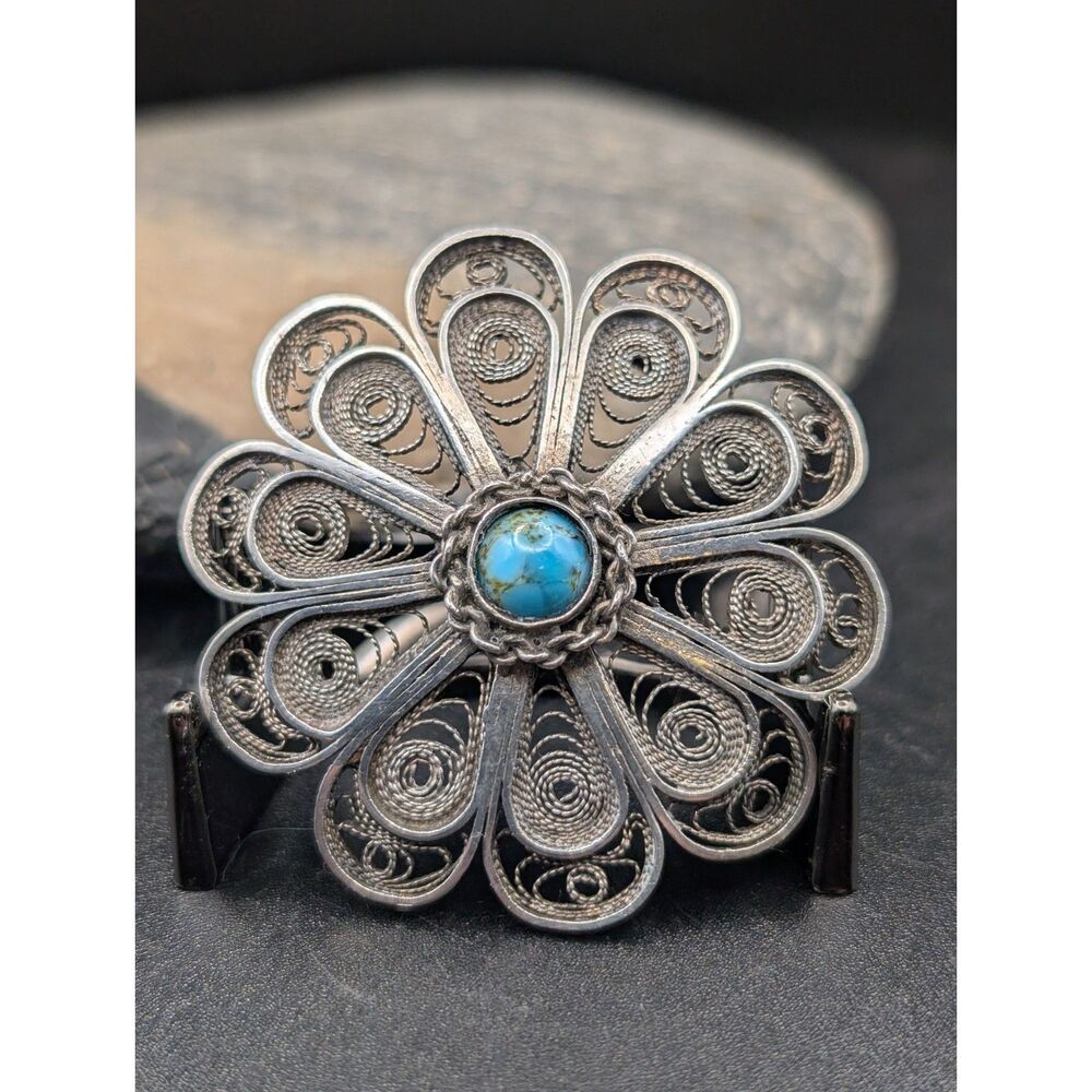 Vintage Silver Filigree Flower Brooch Pendant • Turquoise Cabochon • 2 Inch